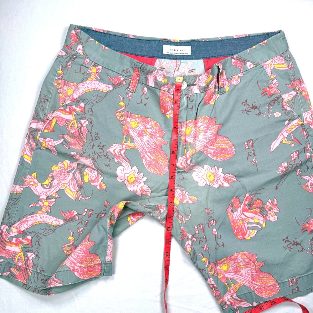 Zara Man Floral Shorts Men's 36 Gray Pink Flat Front Casual Summer - Picture 8 of 9
